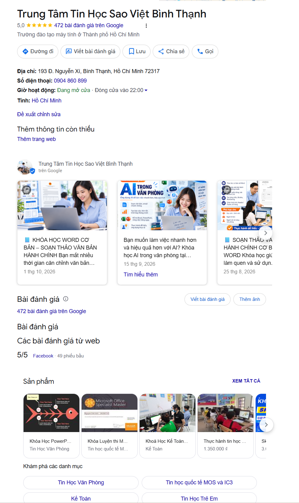 Hồ sơ Google Maps của Tin Học Sao Việt Bình Thạnh