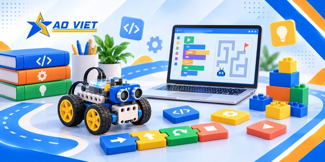 Minh họa robot học tập, laptop và khối lệnh lập trình với logo Sao Việt