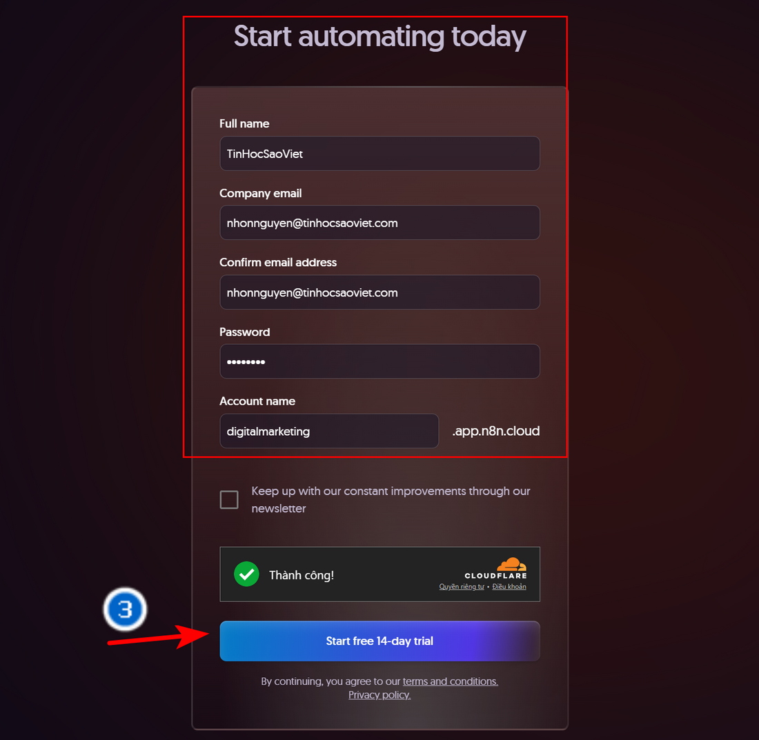 Bước 3: Điền Thông Tin Cho Tài Khoản N8n
